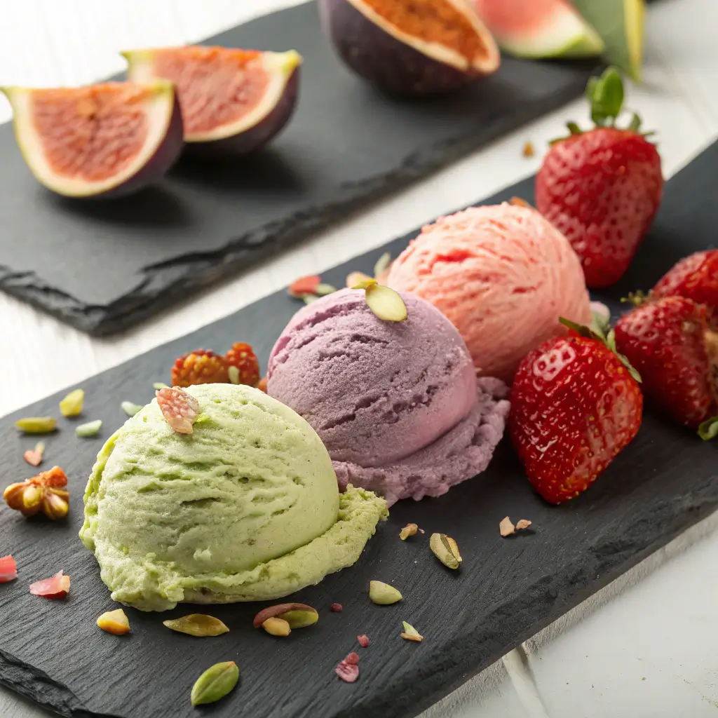Gourmet goat milk ice cream scoops in unique flavors