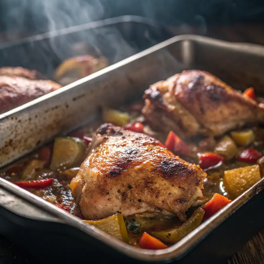 Mediterranean chicken thighs roasting in oven