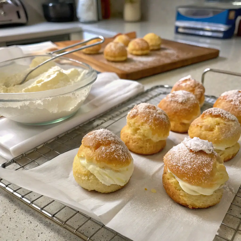Cream puffs drying on cooling rack