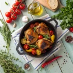 Mediterranean chicken thighs in a cast iron pan