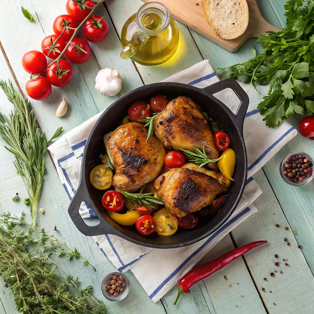 Mediterranean chicken thighs in a cast iron pan