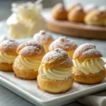 Golden cream puffs thawing on a plate