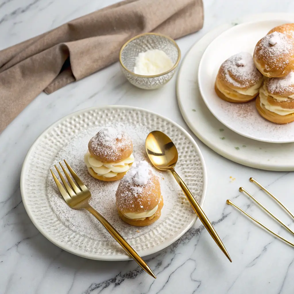 Flat-lay photo of frozen cream puffs with powdered sugar