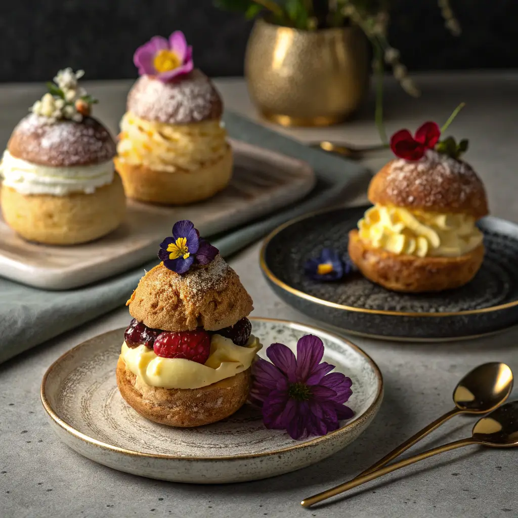 Assorted cream puffs with different sweet fillings